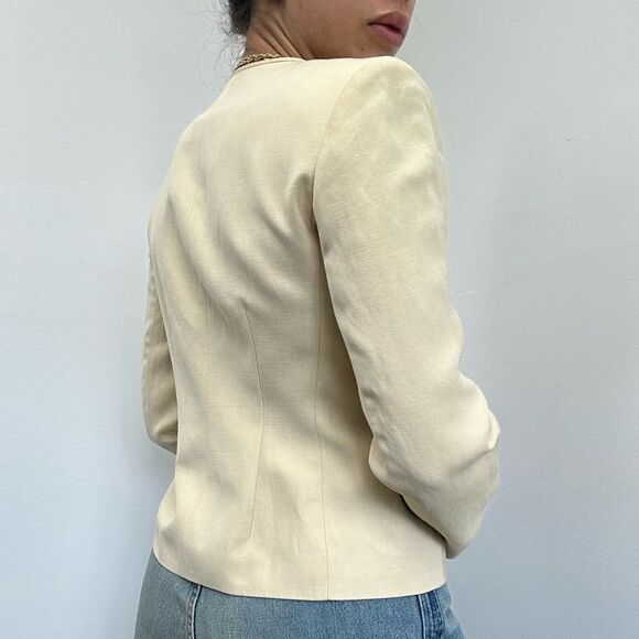 Vintage Ann Taylor Cream Linen Blend Button Front Collarless Blazer Size 2P - Picture 3 of 9